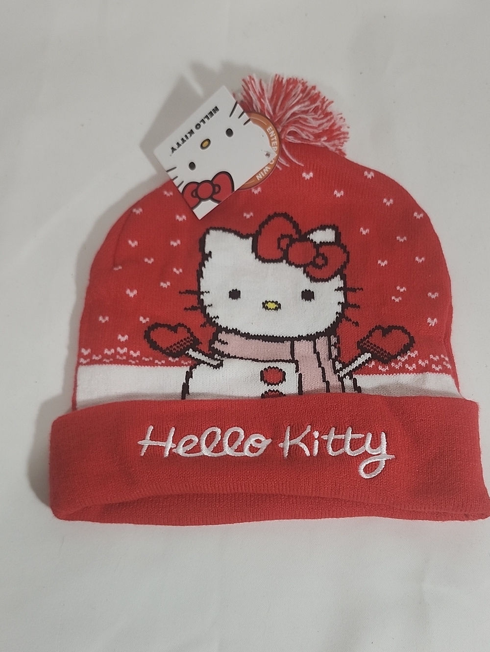 Hello Kitty Red Knit Pom-Pom Beanie with Embroidered Logo